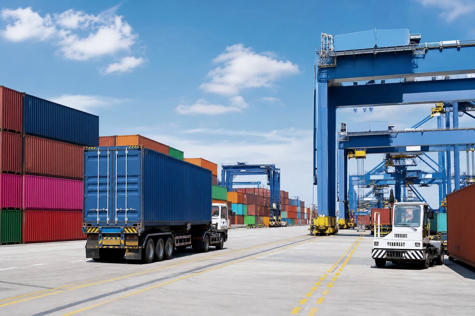 Stacked containers and gantry cranes at a customs-bonded container yard
