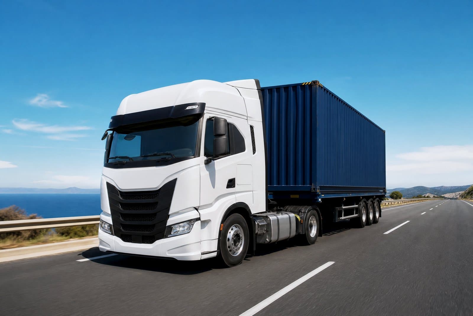A container-hauling semi truck moving down an open highway