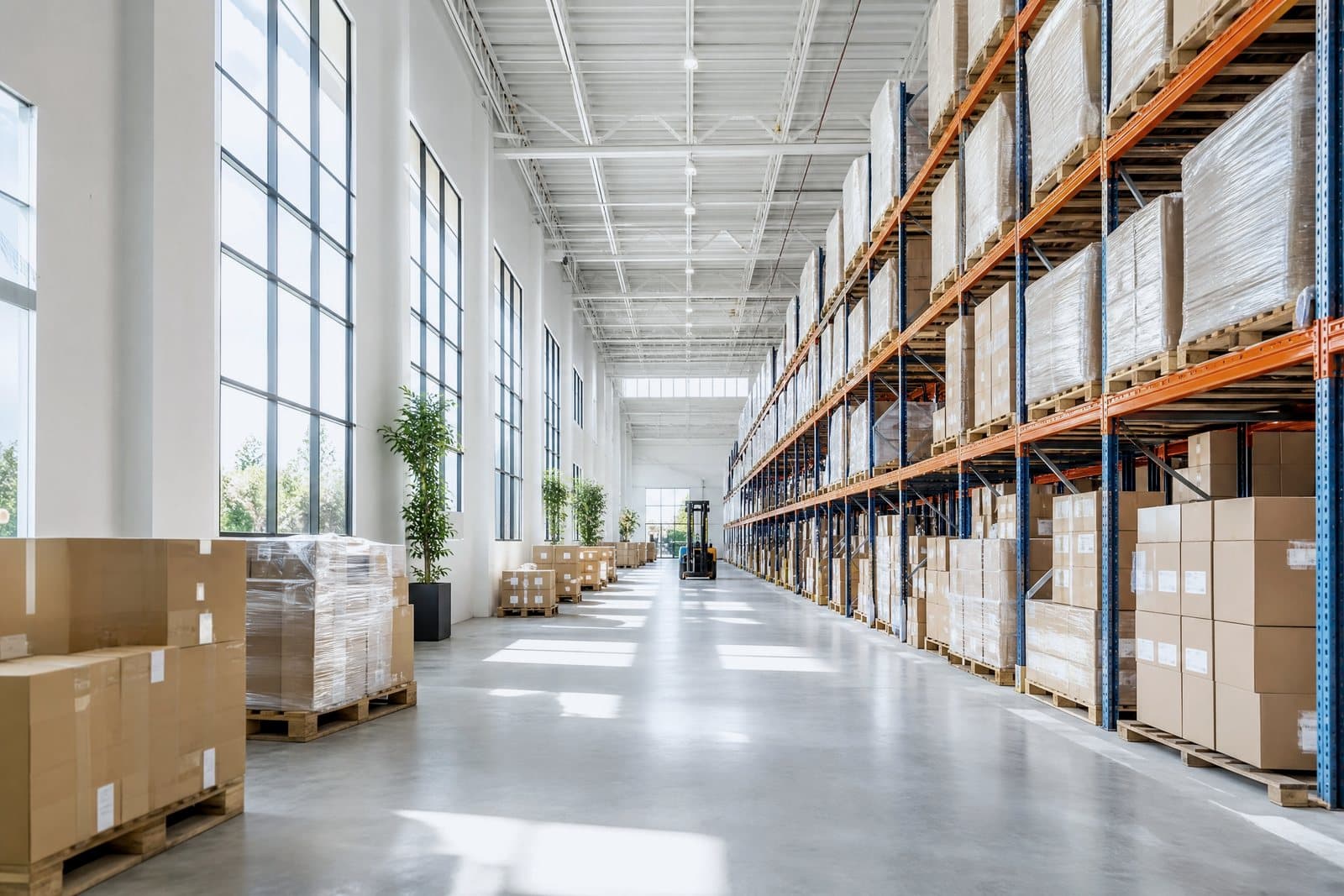 Bright warehouse interior with racked pallets and a forklift moving a loaded pallet